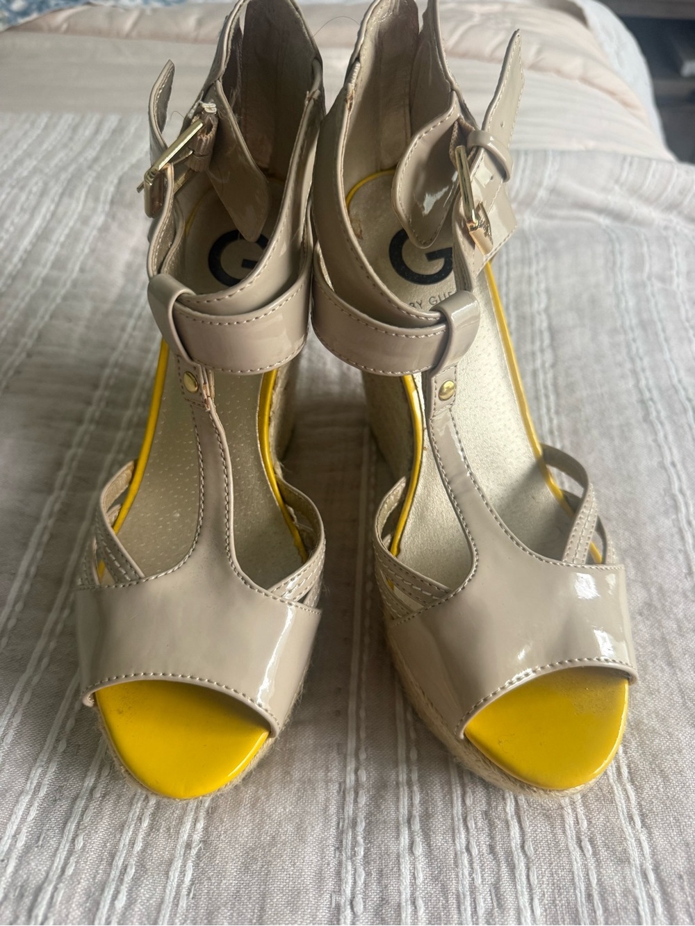 G by Guess Beige Patent T-Strap Wedge Sandals with Yellow Toe